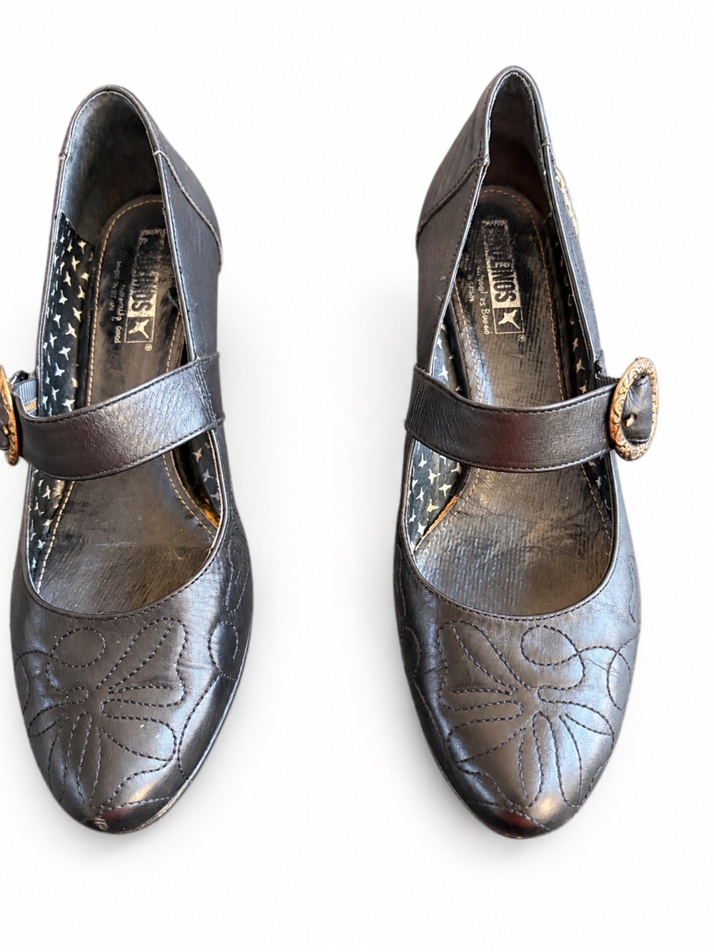 Pikolinos Black Leather Floral Mary Jane Heels Shoes EU 37 US 6.5 7 Comfort